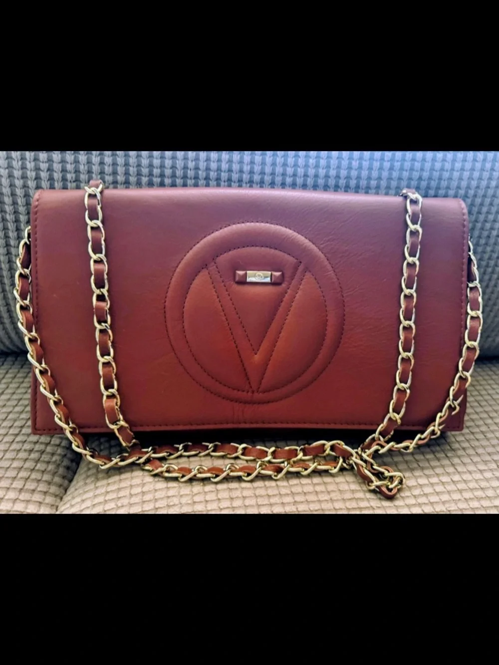 Valentino By Mario Valentino Rust Brown V-Emblem & Gold Chain Crossbody